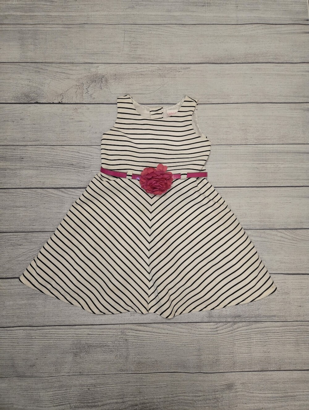 Striped White & Black Girls' Dress with Pink Flower Belt